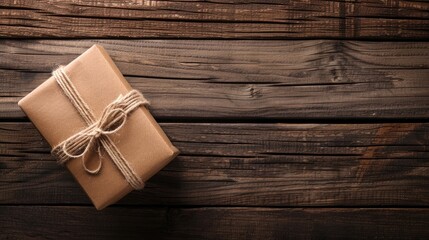 Brown gift box on vintage wooden surface with blank space for Valentine s and New Year celebrations