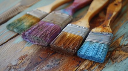 Set of aged colorful brushes on wooden surface for wood staining