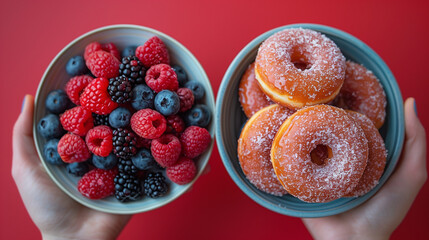 Two bowls, one with berries and one with donuts