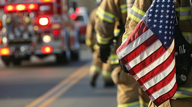 American flag held by a firefighter