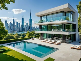 A modern and luxurious real estate property with a sleek design, large windows, spacious rooms, high ceilings, a beautiful garden with a swimming pool, and a stunning view of the city skyline