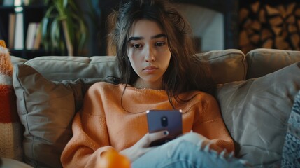woman looking down at phone