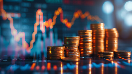 Stack of coins with graph chart growth up business mark