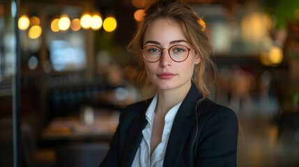 Fototapeta premium Portrait of an businesswoman in suit and glasses, blurred restaurant background