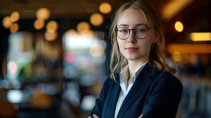 Portrait of an businesswoman in suit and glasses, blurred restaurant background