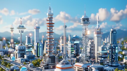 Naklejka premium Futuristic cityscape with modern tall buildings and communication towers under a bright sky with clouds.