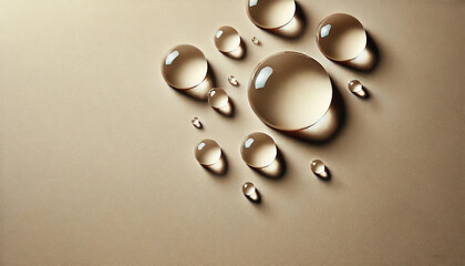 水滴 ベージュ 表面 反射 マクロ 滑らか 丸い 光沢 光沢 きれい 詳細 リアル 散らばった クローズアップ コントラスト 光沢 孤立 球形 透明 反射 暗い 濡れている 高品質 対称的 すっきり