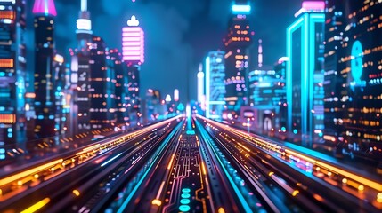 Obraz premium Futuristic cityscape with neon lights and vibrant colors, showcasing a high-tech urban environment during nighttime.