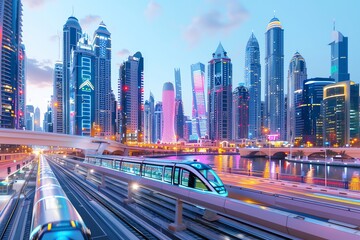 Obraz premium Modern cityscape with futuristic skyscrapers, illuminated by city lights, showcasing innovative architecture and busy urban transportation.