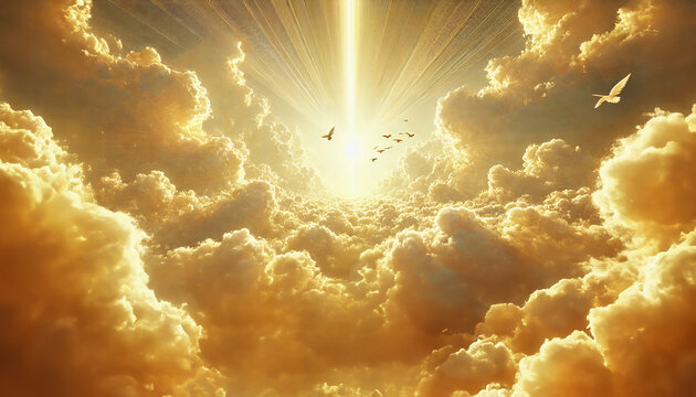 天界　雲の床　神聖な領域　非現実的な空間 黄金の空間　幻想的 神聖 風景 雲 天上界 明るい 透明 黄金 光 照明 天国 光線 エーテル 空 霊的 平和 壮大 鳩 飛ぶ 輝く 光輝 静けさ 暖かい ふわふわ 地平線 ファンタジー 