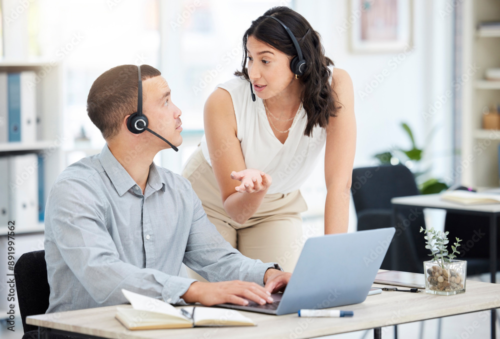 Poster business people, call center and laptop with help desk, advice and tech support in office. mentor, c
