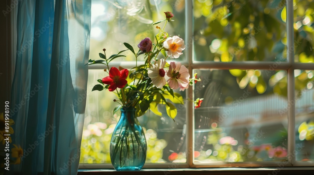 Wall mural Flowers in vase by window