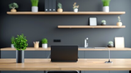 Blurred background of a minimalist, simple, modern home office