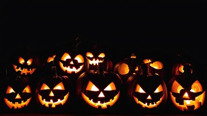 Naklejka premium Illuminated carved pumpkins with different evil faces in darkness on Halloween night