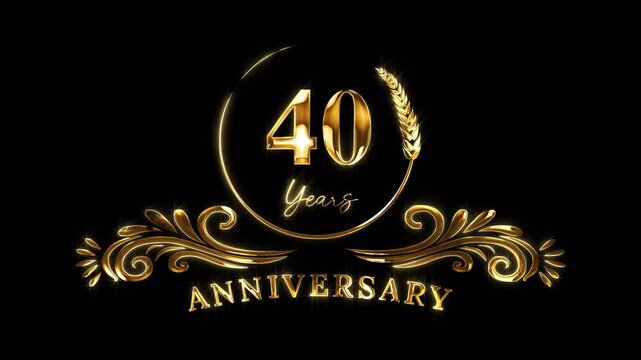 40th Anniversary Celebration. Golden 40 Years Anniversary Animation in Gold Color on the Transparent Background, Alpha Channel. Great for greetings, celebrations, events, and gifts.