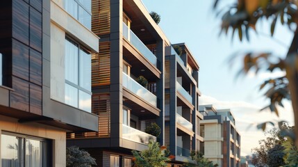 Fragment of Modern residential hotel with flat buildings exterior. Detail of New luxury house and home complex. Part of City Real estate property and condo architecture. Copy space. Blue sky