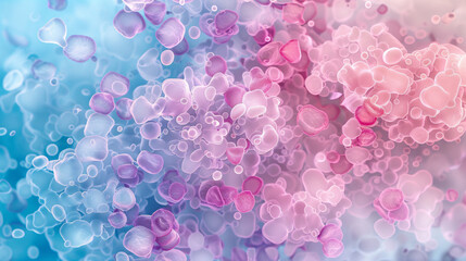 A colorful image of pink and purple blobs with a blue background. The blobs are scattered all over the image, creating a sense of chaos and disorder
