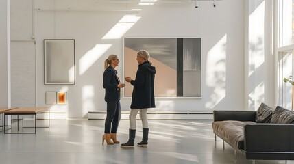 Fototapeta premium Women Engaging Conversation Art Gallery Modern Elegance Atmosphere Design Friendship Interaction Creativity Inspiration