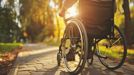 Close up of disabled man sitting in wheelchair outdoors. Copy space.