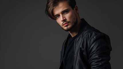 Naklejka premium handsome model in black jacket standing in studio