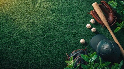 Sporty background with baseball equipment on grass field for text and ads