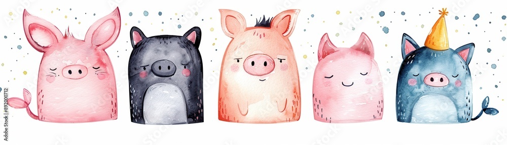 Canvas Prints Cute Watercolor Pigs Illustration.