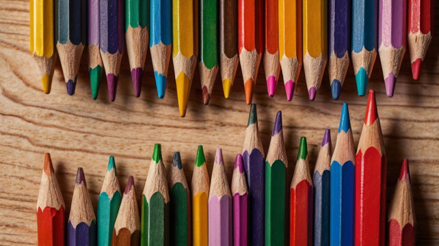 Wave of colorful wooden pencils in a row isolated