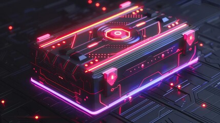 Neon-lit gift box with futuristic design elements, gift box, sci-fi festival