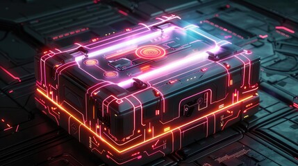 Neon-lit gift box with futuristic design elements, gift box, sci-fi festival