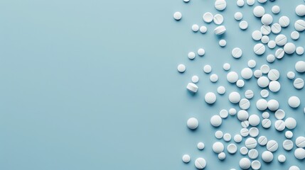 Pills displayed on a blue backdrop with empty space for text