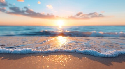 Obraz premium Beautiful beach scene with clear blue waters. Pristine coastline meets gentle waves. Create a tranquil and inviting atmosphere under a bright, sunny sky.