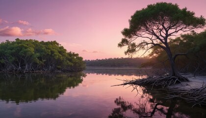 Obraz premium Tranquil Lake Sunset with Silhouetted Tree.