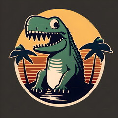 Cooler Dino Cartoon - Sunset Dino Grafik - Lustiges Dino Design - Ai-Ki generiert