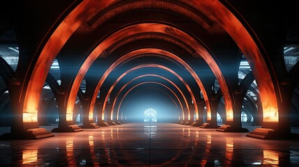 Obraz premium 3d render of abstract futuristic arch architecture with neon light and empty concrete floor 