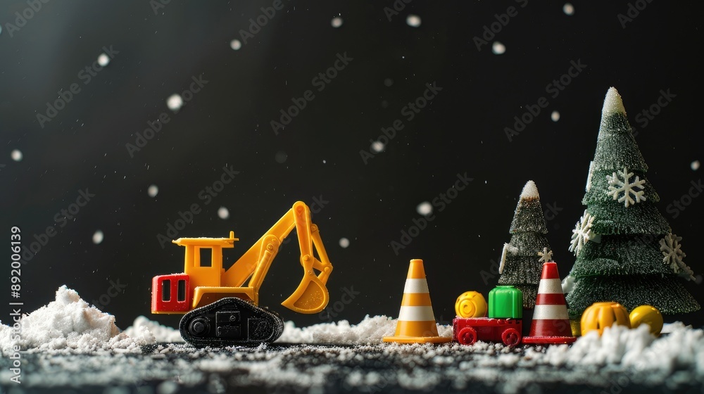 Poster Christmas themed construction scene with black background and space for messages ideal for cards or ads