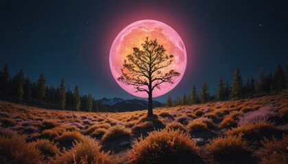 Fototapeta premium Pink Moon Over Silhouette Tree.