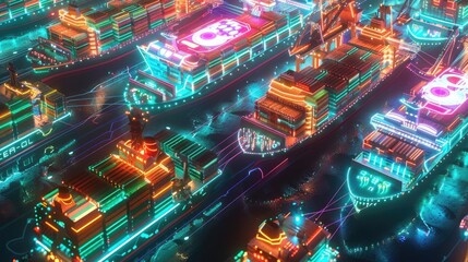 Obraz premium Interconnected container ships with digital holograms, cyberpunk, vibrant neon, detailed 3D art, modern maritime network