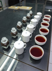 Detailed photo of tea drops tasted by a tea taster