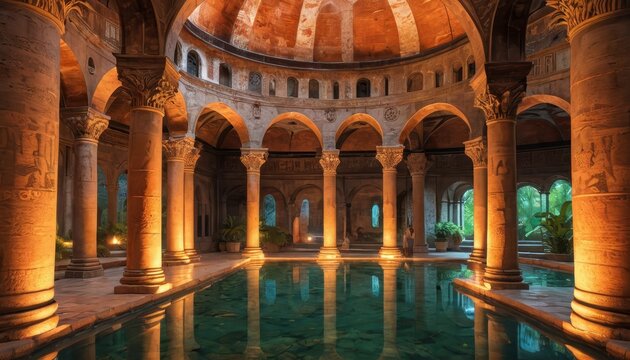 Ancient Roman Bath Interior with Pool and Columns.