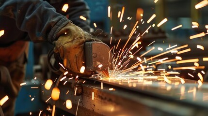 Worker grinding steel, close-up, sparks illuminating, [grinding steel], [industrial process]