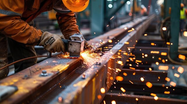 Skilled worker grinding steel beam with precision, focus on grinder and sparks, construction work