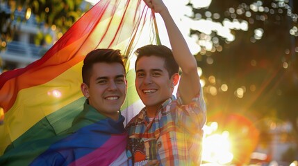 LGBT couple smiling and holding a rainbow flag, celebrating their love and pride