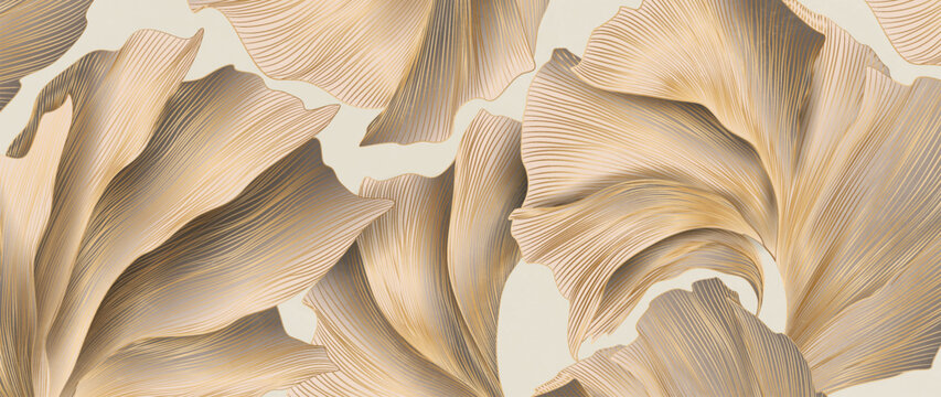 Abstract botanical art background with beige leaves hand drawn in line art style. Vector banner with plant pattern for decor, print, wallpaper, postcard, textile, interior.