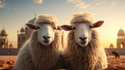 Fototapeta premium 3D Render of Two Happy Sheeps Celebrating Eid Al-Adha 