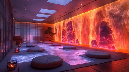 An avant-garde therapy room with shifting holographic moods and bioluminescent walls, fostering emotional well-being 