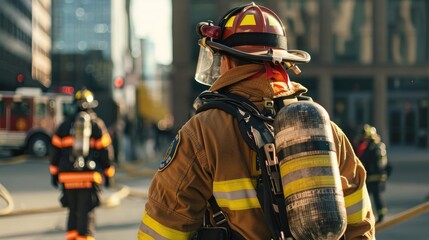 Fireman in city setting, close-up from behind, focus on gear, [fireman city], [urban emergency]