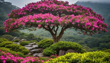 Fototapeta premium Pink Blossom Tree Overlooking Lush Green Hills.