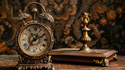 Ornate clock on a wooden table, vintage decor, elegant background