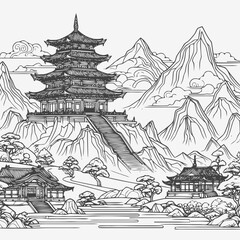 line art of a buddhist temple