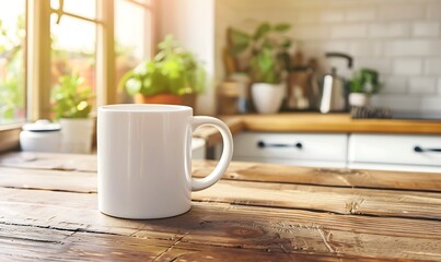 White Mug on a Wooden Countertop in a Kitchen